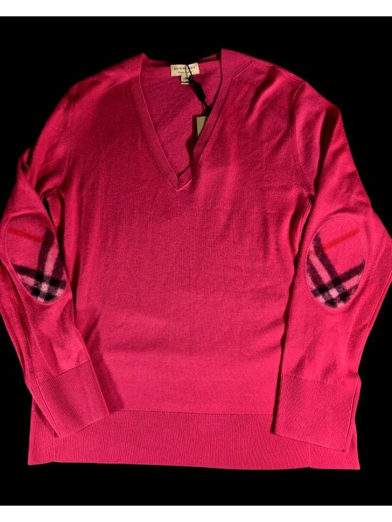 Burberry Sweaters - NWT Burberry Womens Bright Pink Cashmere Elbow Patch Check V Neck Sweater Sz M